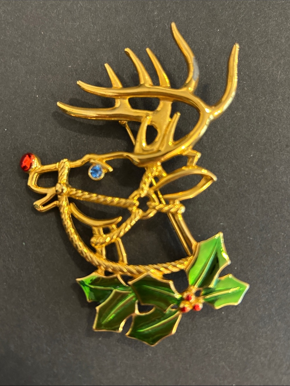 Gold-Tone Reindeer Brooch with Enamel Holly and Rhinestones
